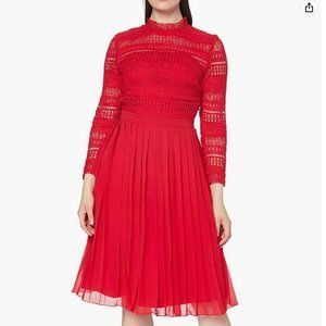 Chi Chi London  Red Bayley Dress Crochet Top Pleated Skirt US 10/ UK 14
